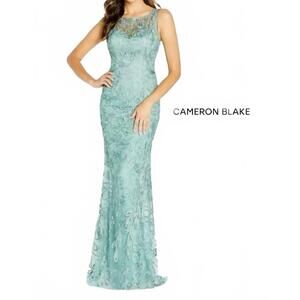 NEW MON CHERI illusion neckline ribbon lace gown in sage
